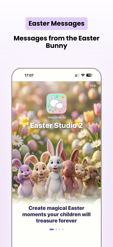 Easter Studio 2 app screenshot 1 — bunny characters, message composer, and reactions