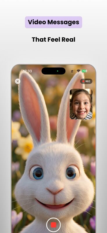 Easter Studio 2 app screenshot 2 — bunny characters, message composer, and reactions