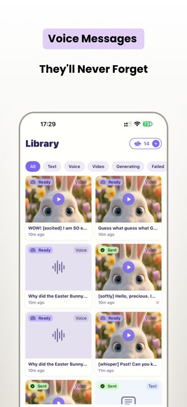 Easter Studio 2 app screenshot 3 — bunny characters, message composer, and reactions