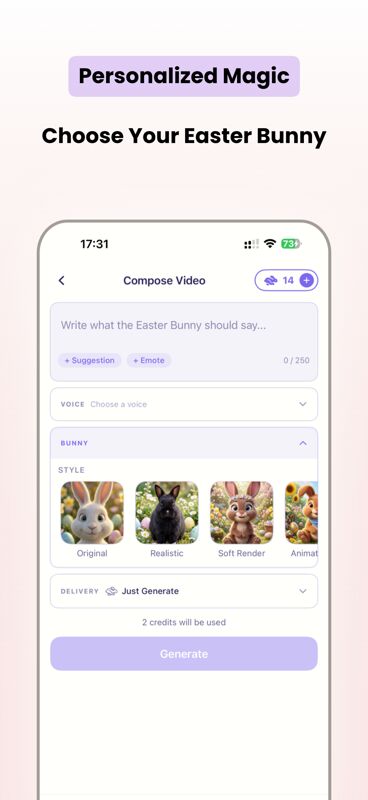 Easter Studio 2 app screenshot 4 — bunny characters, message composer, and reactions