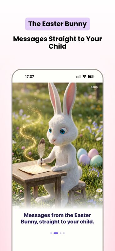 Easter Studio 2 app screenshot 5 — bunny characters, message composer, and reactions