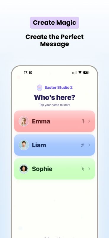 Easter Studio 2 app screenshot 6 — bunny characters, message composer, and reactions